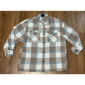 HFX Plaid Flannel Shirt Jacket Beige Blue Snap Closure Pockets - Women's Size M